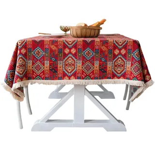 Tischdecke Bohemian Vintage 100x140cm, Garten Tischdecke mit Quaste Rechteckige, Ethnische Kaffeetischdecke, Tafeltuch Abwischbar Fleckschutz für Feste Party Picknick Haushalt