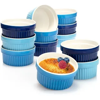 COM-FOUR® 12x Soufflé Förmchen - Creme Brulee Schälchen aus Keramik - Ofenfeste Förmchen - Dessertschale und Pastetenförmchen für z.B. Ragout Fin - je 270 ml - in verschiedenen Blautönen