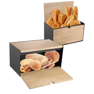 Klausberg Brotkasten Brotbox aus Metall/Holz 35,5 x 21,5 x 19,5 cm (Schwarz)