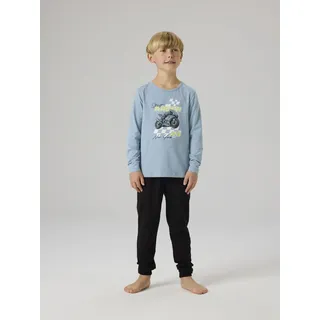 Schlafanzug NAME IT "NKMNIGHTSET DUSTY RACER NOOS", Herren, Gr. 146/152, dusty blau, Jersey, Obermaterial: 95% Baumwolle, 5% Elasthan, bedruckt, mehrfarbig, meliert, Basic lang, Rundhals, Homewear-Sets Schlafanzug