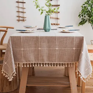 JaeMoose Quaste Tischdecke Rechteckige Tischdecke Baumwolle Leinen Tischdecke Geeignet für Home Küche Dekoration (140 x 180 cm, Kaffeebraun Kariert)