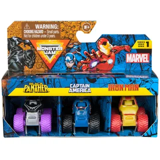 Monster Jam Marvel - Mini-Truck 3er-Set mit Black Panther, Captain America, Iron Man, Maßstab 1:87, robust und mit coolen Details, für monstermäßige Superhelden-Action an jedem Ort, ab 3 Jahren