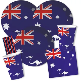 56-teiliges Party-Set Australien - Teller Becher Servietten Trinkhalme für 10 Personen