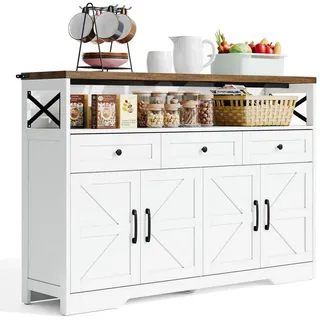 Modfu Sideboard aus MDF 140x35x95 cm Braun/Weiß mit 3 Schubladen und 2 Türen im modernen Landhausstil , Holzwerkstoff , 140x95x35 cm , Kleinmöbel, Kommoden, Sideboards