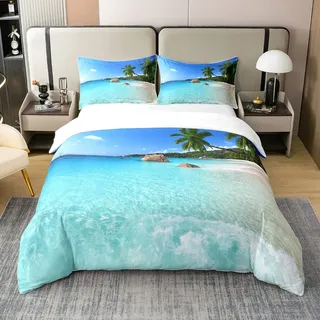 Ozean 100% Gewaschene Baumwolle Bettbezug 135x200,Palmenblätter Bedruckt Tröster Bezug,Sommer Strand Dekor Hawaiian Urlaub Stil Bettwäsche Set,Grüne Palmen Tropische Natur Meer Thema Steppdeckenbezug