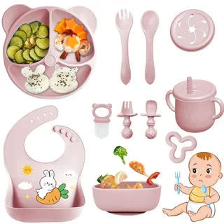 Bizcasa 11 Stück Silikon Baby Geschirrset, Rutschfest Kindergeschirr Set, Kindergeschirr mit Saugnapf, Rutschfest Baby Schüssel,Baby-Teller, Baby-Besteckset für Kleinkinder, BPA Frei (Hellrosa)