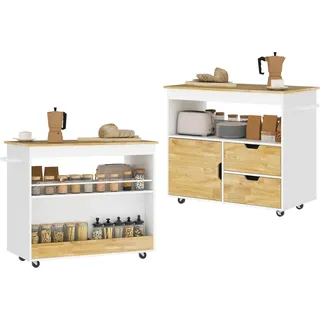 Küchenwagen Servierwagen mit Arbeitsplatte, Schubladen, Rollwagen mit Küchenschrank mit Soft-Close-Tür, Griff, Kücheninsel mit offenem Fach für Büro, 107x50x85cm, Eiche - Braun, Weiß