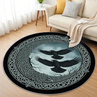 AevuCub Wikinger Rabe Teppich Rund 60 cm Kurzflor - Waschbare Teppiche Wohnzimmer Vikings Krähe Nordische Mythologie - Runder Teppich 60 cm Durchmesser - Bettvorleger rutschfest Weich