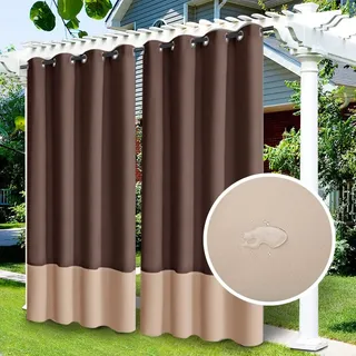 LiveGo Outdoor Vorhänge Wasserdicht, Verdunkelungsvorhang mit Ösen, Vorhang Blickdicht für den Gartenlaube, Schiebetür, Privatsphäre Wärmeisoliert(Kaffee+beige,2 PCS, 52" Wx84 L)
