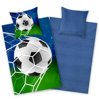 Aminata kids - Biber Bettwäsche 135x200 Jungen Fussball-Motiv Junge, Jungen, Jungs, Teenies & Jugendliche - Baumwolle, Biber-Kinder-Bettwäsche-Set Flanell grün blau - warm, weich & kuschelig