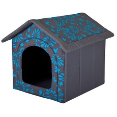 HobbyDog Hundehaus Hundehütte für mittelgroße Hunde - Katzenhaus, Katzenhöhle - mit herausnehmbarem Dach - Tierhaus für Katzen und Hunde für Drinnen/Indoor 44 x 38 x 45 cm [M] in Blau Blumen