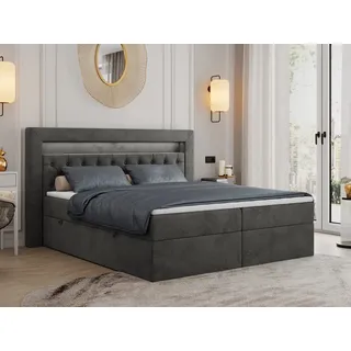 MKS Meble Boxspringbett 160x200 mit Led, Polsterbett 160x200 mit LED Kopfteil - Multipocket-Matratze H3 - Doppelbett mit Bettkasten Stauraumbett, GOLD-6 - 16... - Dunkelgrau