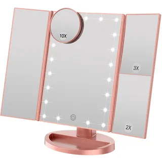 WEILY Schminkspiegel mit Beleuchtung, Faltbarer Kosmetikspiegel mit 3X/2X/1X Vergrößerung, 21 natürliche LED Lichter, Batteriebetrieben Order USB Aufladen dimmbarer Makeup Mirror (Rosengold)