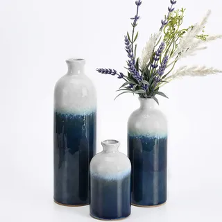 TERESA'S COLLECTIONS Glasierte marineblaue und weiße Keramikvase, Moderne Wohnkultur-Akzente, dekorative Vasen für Tischdekoration, Blumenvasen für Kaminsims, Wohnzimmer, 30 cm – Set mit 3 Stück