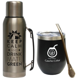 GAUCHO CEBAR Accessories for Yerba Mate-Tee Set | Thermoskanne Edelstahl 1L Silver und Stahl Mate Tee becher 350ml | Trinkhalm Bombilla Liza 19cm, Dishwasher Safe and Durable