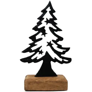 Weihnachtstanne Deko Baum aus schwarzem Metall mit Holzsockel 22cm