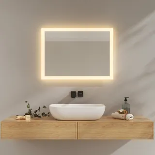 EMKE Badezimmerspiegel mit Beleuchtung, 50 x 70 cm, 3000 K/6500 K, Nebelscheinwerfer mit Wippschalter, IP44, wirtschaftlicher Wandspiegel