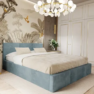 Muralo POLSTERBETT für Schlafzimmer Polsterbett mit Bettkasten und Gasdruckfeder Bett mit Polsterkopfteil Doppelbett 140x200 Bett mit Stauraum Meerfarbe - Blau