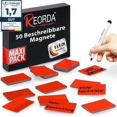 Reorda® Magnetstreifen beschreibbar - 50 Stück wiederbeschreibbar – 6 x 4 cm (Rot) - Beschreibbare Magnete für Whiteboard, Kanban, Magnettafel oder als beschriftbare Magnete für den Kühlschrank