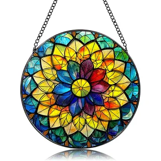 Regenbogen Mandala Sonnenfänger, Acryl Sonnenfänger Fenster Deko, 20x20 cm Großer Fensterdeko Hängend mit Seitenkette, Bunt Fensterdeko Hängend Modern für Garten, Fenster, Terrasse & Tür