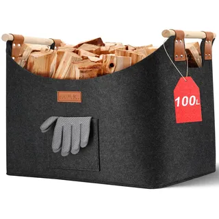 Ezilif Holzkorb für Kaminholz Groß XXL, Kaminholzkorb mit Doppelt Verstärkten Leder, 100L Brennholzkorb aus Filz, Filzkorb Kaminholz mit Fronttasche, Faltbarer Korb für Kaminholz 60x40x40cm