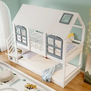 Kinder-Etagenbett mit Dach, Fenstern, Fallschutzgitter, 3 Schränken in Treppe, Weiß-Grau, 90x200cm