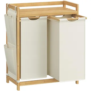 Songmics Wäschekorb 2 Fächer, Bambus, Wäschesammler 100 L, Wäschesortierer, mit Ablage, Wäschesack, kleine seitliche Taschen, Wäscheregal, 2 x 50 L, 63 x 33 x 78 cm, cremeweiß RLH100W01
