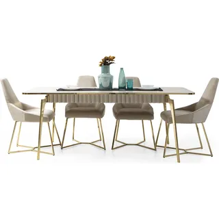 Goldenes Esszimmer Set Luxus Garnitur Esstisch mit Stühlen Designer Möbel - Beige