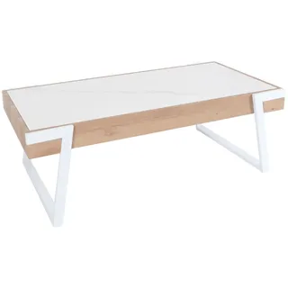 Mendler Couchtisch HWC-L89, Sofatisch Wohnzimmertisch, Eisen 43x120x64cm Sinterstein Marmor-Optik weiß Holz natur