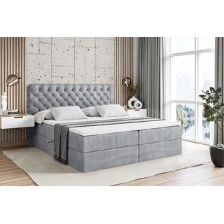ALTDECOR Boxspringbett mit H3 Matratze und Topper - 180 x 200 cm - BOXI8 - Hellgrau Samt - Polsterbett mit Bettkasten und Lattenrost, Bett mit Stauraum - Hellgrau
