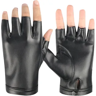 Long Keeper Lederhandschuhe Fingerlose für Herren Damen Ungefüttert Schwarze Halbfinger Handschuhe Leder Punk Costume für Autofahrer Fahren Cosplay Outdoor