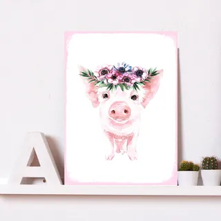 queence Metallbild »Galina«, Blumen-Schwein-Tiere, (1 St.), Stahlschild, Blechschild, Schwein, niedlich, Wanddeko, Blumenkranz, weiß