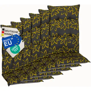 NYVI Gartenstuhl Auflagen Hochlehner 6er Set Barcelona - UV-Beständig, Atmungsaktiv, Strapazierfähig - Hochlehnerauflagen Sitzkissen Outdoor - Sitzauflagen für Gartenstühle 118x50cm Gelbe Blume