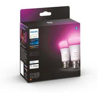 Philips Hue Ambiance LED-Glühbirne, B22-Bajonettsockel, 800 Lumen, entspricht 60 W, Weiß/Farbe, 2 Stück Funktioniert mit Alexa, Google Assistant und Apple Homekit