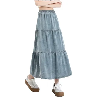 Generisch Damen Jeansrock: Knielang, Luftig, Figurumspielend, Midi, Maxi, Bleistiftrock, Schlitz, Grosse Grössen, Blau, Cotton