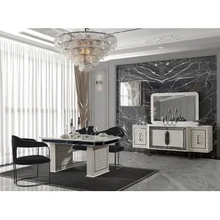 Esszimmer Set Esstisch 4x Stühle Anrichte Spiegel 7tlg. JVmoebel - Weiß, Schwarz