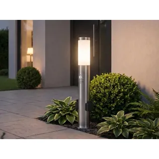 Pollerleuchte Edelstahl mit Bewegungsmelder & 2 Steckdosen, Gartenleuchte 60cm - Silber