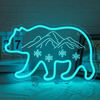 Looklight Eisbär Neon Schild Berg LED Schild, Neon Sign für Wanddekor, Schneeflocke Leuchtreklame für Zuhause Schlafzimmer Bar Kneipe Party Männerhöhle Dekor, Geschenk für Mädchen Jungen, 42x26,5cm