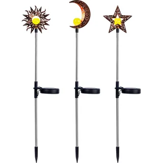 dobar® Gartenstecker solar im 3er Set aus Metall für Außen im Design Sonne, Mond, Stern - Wetterfeste Outdoor Solarlaterne am Stab für den Garten, Gold