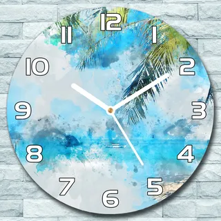 Wanduhr aus Glas Rund fi 30 Paradies Strand Quarz Deko Schlafzimmer Büro - Blau