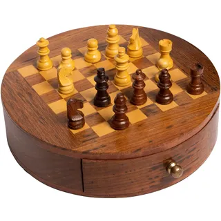 CHEHOMA - Rundes Schachspiel aus Mangoholz - Schachbrett mit Schublade - Kompaktes Reiseschach-Set - Gesellschaftsspiel im Stilvollen Vintage-Design - 5 x 18 cm