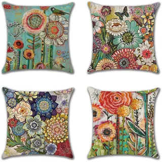 JOTOM Dekorative Kissenbezug Atmungsaktiv Kissenhülle Bunte Dekokissen Sofakissen Bezug Auto Home Bed Büro Cafe Garten Outdoor 45 x 45 cm 4er Set (Bunte Blumen, 45 x 45 cm)