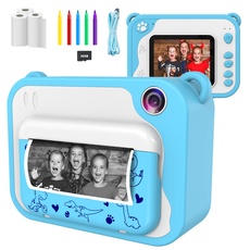 Ushining Kinderkamera, DigitalKamera für Kinder, 1080P HD Videokamera mit 2,4 Zoll IPS Bildschirm, Sofortbildkamera Schwarzweiß-Fotokamera mit 32 GB Micro SD-Karte und 3 Rollen Druckpapier Blau