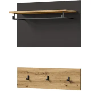 Inn.Furn Garderobenpaneel Set mit Garderobenleiste Eiche Artisan, grau 80 cm , Holzwerkstoff, Metall , Nachbildung,Eiche , Holz Optik, Uni , Rechteckig , 80x73x27 cm , FSC Mix , Garderobe, Garderobenpaneele