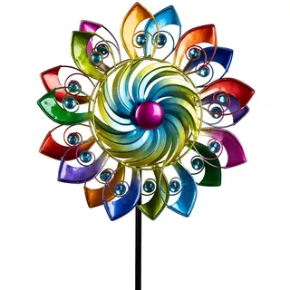 Formano Buntes Windrad Blume Garten Metall Windspiel Windmühle 124 cm Gartendeko Blumenstecker Taubenabwehr Vogelabwehr Acryl-Steine Gartenfigur Dekoration Außen Windspiel Metall-Blume
