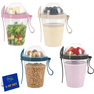 IDOBY Müslibecher to Go 4er-Set, Praktischer Joghurtbecher to go, Unterteilung für Joghurt & Müsli, Cornflakes to Go,%100 BPA-FREI, Perfekt für Schule und Büro, Obstbehälter, mit Löffel 600 ML