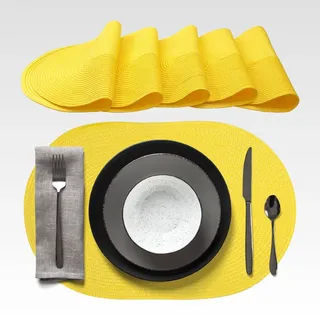 agyo Set mit 6 ovalen Tischsets, geflochten, 44 × 29,5 cm, aus Polypropylen, Sonnengelb, rutschfest, waschbar und rollbar, elegant für Tisch, Küche, Garten