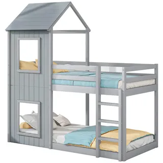 Modfu Kinder Etagenbett im Baumhaus-Design – 90x200 cm, stabil aus Kiefernholz, Grau mit Sicherheitsgeländer , Holz , Rechteckig , 90x200 cm , Babymöbel & Kindermöbel, Kinderzimmer & Jugendzimmer, Stockbetten
