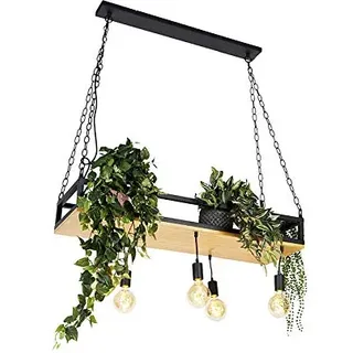 QAZQA - Industrie I Vintage I Industrie I Vintage I Hängelampe I Pendellampe I Pendelleuchte schwarz mit Holz 5-flammig-Licht - Regal I Wohnzimmer I Schlafzimmer - Rechteckig I Länglich - LED geeignet