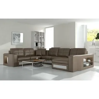 Design Wohnlandschaft Ledersofa Ecksofa Eckcouch Polster Sofa Ecke USB + LED - Braun